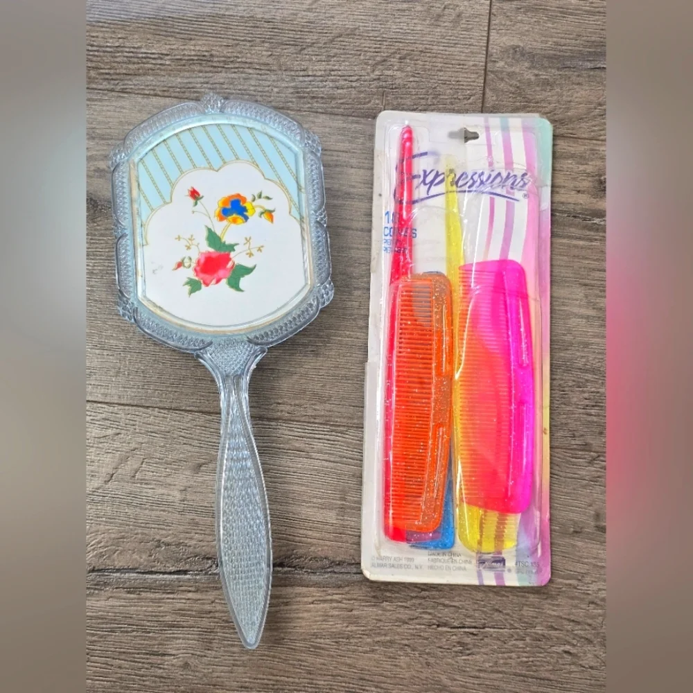 Vintage Celluloid Floral Brush With Retro Comb Lot